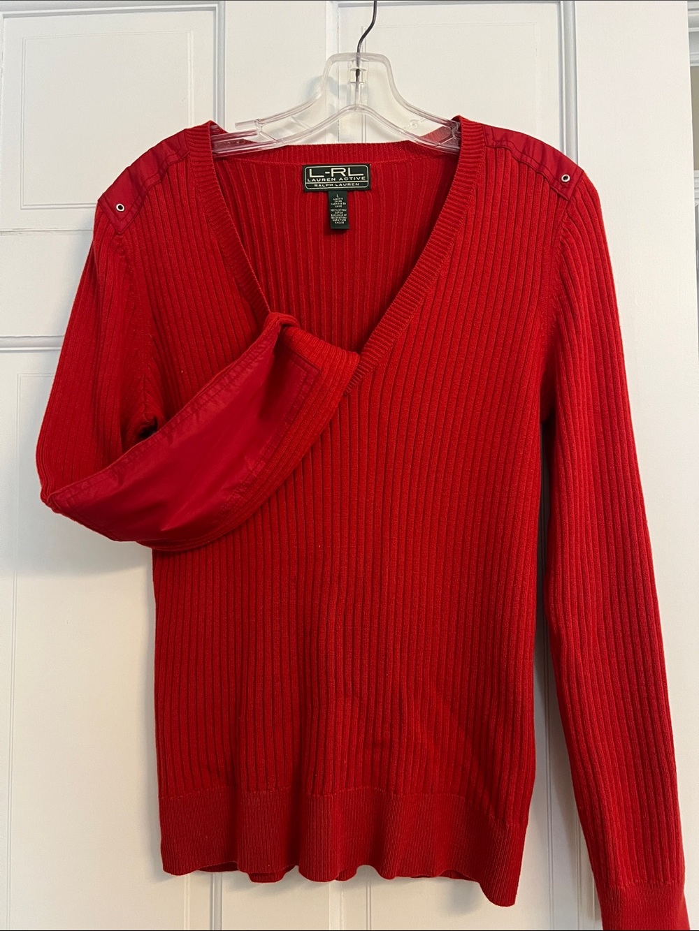 Lauren Ralph Lauren Bright Red Ribbed V-Neck Sweater
